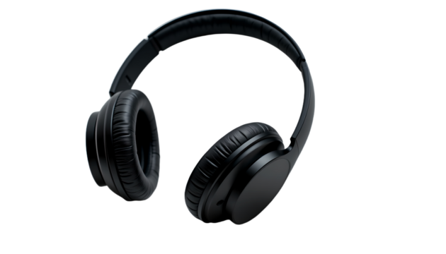 a modern black headphones isolated on the surface. The headphones are sleek and stylish, perfect for enjoying music or taking calls