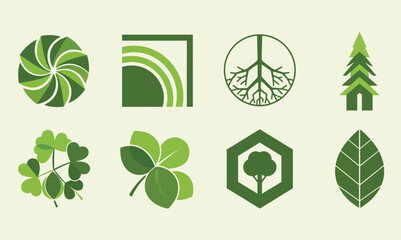 Set of Eight Green Nature and Ecology Icons - Environment, Sustainability, Leaf, Tree, Peace, and Organic Symbol Vector Collection for Eco Branding
