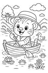 Fototapeta premium A happy tiger cub wears a hat and rows a boat in a serene pond with a duck.