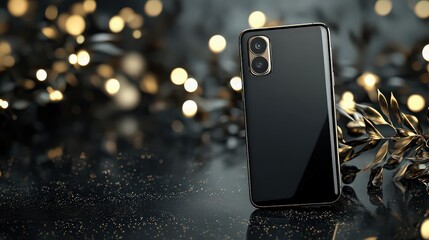 Sleek black smartphone with dual camera lens on a reflective surface with golden bokeh and decorative leaves