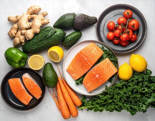 Fresh Ingredients For Healthy Salmon Meal Preparation.