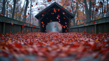 Autumn leaves fall on covered bridge path, blurry depth of field effect