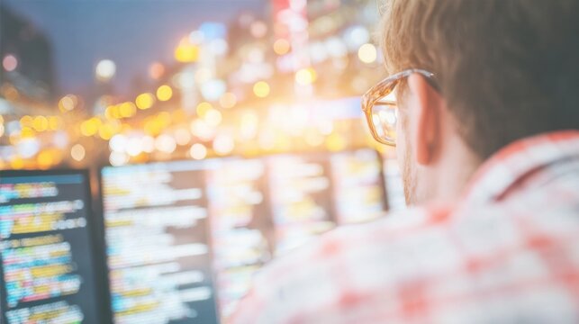 A programmer focuses on code displayed on multiple screens while city lights glow in the background during evening hours. - Powered by Adobe
