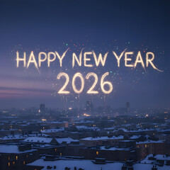 Happy new year 2026 text made of sparklers over a snowy city skyline at night