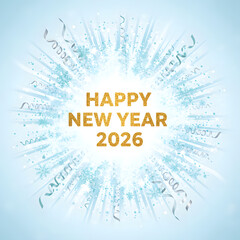 Happy new year 2026 greeting with exploding snowflake and confetti effect
