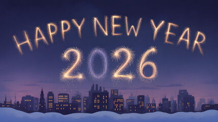Happy new year 2026 text in fireworks over a city skyline at night