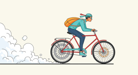 Obraz premium A person wearing a backpack rides a bicycle quickly down a path on a cloudy day.