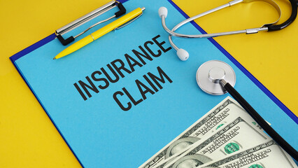 Insurance claims management is shown with text and medical instrument on a blue background in case...