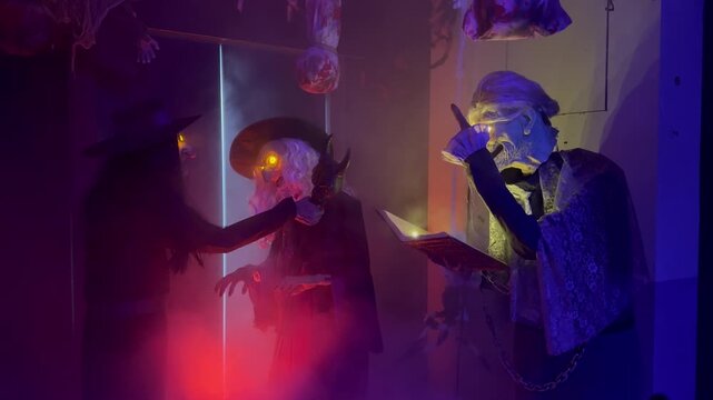 Halloween haunted house display, ghosts, a wizard, a witch and old ghost chatting.