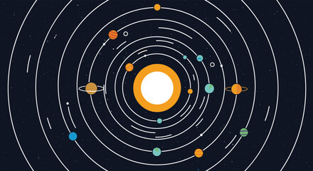 An artistic representation of our solar system showcasing the sun and planets in their orbits.