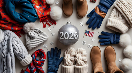 Cozy winter clothing and accessories arranged around a 2026 ornament