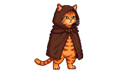 A pixel art illustration of a standing orange tabby cat wearing a dark brown hood or cloak. The character has a retro 8-bit or 16-bit gaming style, against a white background.