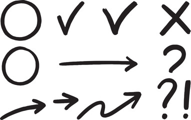 Hand-Drawn Symbol Set with Arrows, Check Marks, Circles, and Question Marks for Visual Annotation

