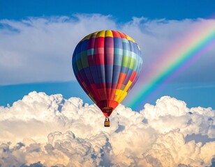 Naklejka premium Colorful hot air balloon with multicolored vertical stripes floating in sky with rainbow and sunlit clouds for editorial travel photography scenic adventure and inspirational visuals