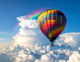 Naklejka premium Colorful hot air balloon with multicolored vertical stripes floating in sky with rainbow and sunlit clouds for editorial travel photography scenic adventure and inspirational visuals