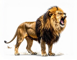 Majestic lion with open mouth dark mane and muscular build standing on white background for editorial wildlife photography strength symbolism and nature-themed visuals