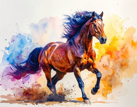 Watercolor painting of horse in motion with flowing mane and vibrant splashes of color for editorial art photography expressive decor and poetic vitality-themed visuals
