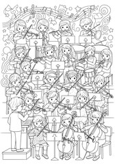 Naklejka premium a symphony orchestra consisting of children. coloring book
