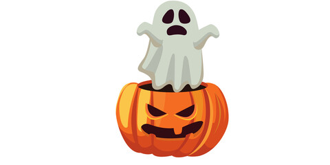 Cute ghost coming out of halloween pumpkin illustration, Funny pumpkin and ghost cartoon design, Adorable spooky halloween character art