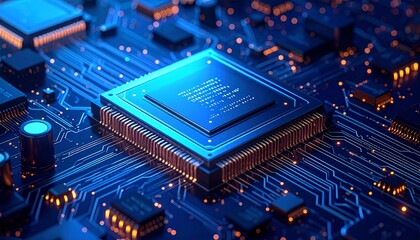 Digital rendering of central processing unit (CPU) glowing blue on motherboard with visible circuitry and components for editorial technology photography computing decor and poetic innovation-themed v