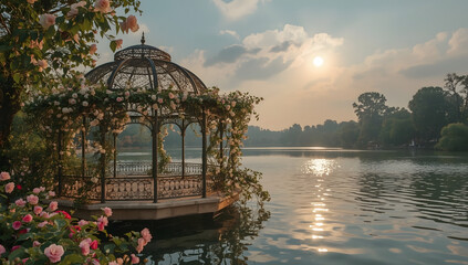 Romantic gazebo adorned with flowers by a tranquil lake at sunrise, serene natural beauty