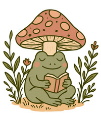 Cozy Frog Reading Under a Mushroom – Cute Boho transparent background