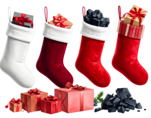 Christmas stocking set including velvet, knit, and felt styles with gifts 