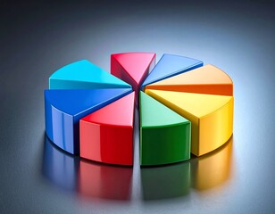 3D pie chart with twelve colorful separated segments on reflective surface and gradient background for editorial business analytics data visualization and statistical presentation-themed visuals