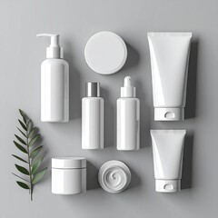 Collection of White Cosmetic and Skincare Products Arranged Neatly on a Grey Background with a Green Leaf.