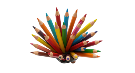 Bunch of colorful pencils isolated on transparent background, arranged in a playful hedgehoglike formation, art supplies