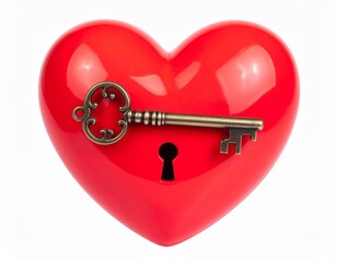 Glossy red heart with central keyhole vintage golden key and metallic letter H for editorial romantic symbolism emotional storytelling and love-themed visuals