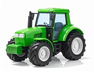 Obraz premium Modern green tractor with yellow wheels parked on dirt path in scenic rural landscape with wildflowers trees and distant mountains for editorial agriculture farming machinery and countryside-themed vi