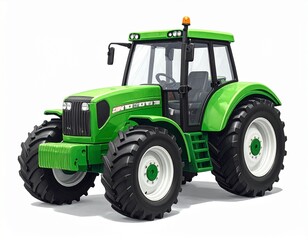 Obraz premium Modern green tractor with yellow wheels parked on dirt path in scenic rural landscape with wildflowers trees and distant mountains for editorial agriculture farming machinery and countryside-themed vi