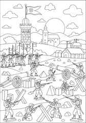 Obraz premium panorama of the battle of toy soldiers and guns. coloring book