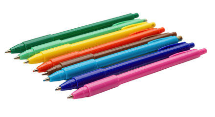 Fototapeta premium Assorted ballpoint pens in a colorful arrangement isolated on transparent background, perfect for creative writing
