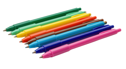 Assorted ballpoint pens in a colorful arrangement isolated on transparent background, perfect for creative writing