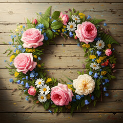 A beautiful floral wreath made of pink roses, daisies, and blue wildflowers on a wooden background