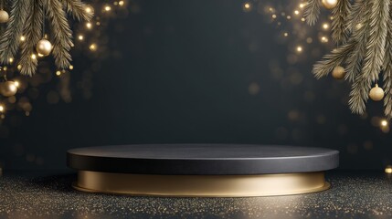 Minimal high-end holiday stage featuring a black and gold podium with festive pine branch and sparkling bokeh symbolizing luxury product display