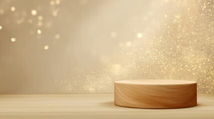 Minimal luxury christmas product stage featuring a natural wood podium, soft golden bokeh, and sparkle effect symbolizing organic elegance and festive spirit
