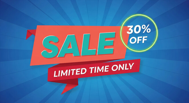 Illustration of a sale promotion with text "Sale 30% off Limited time only". It represents a discount offer and marketing campaign banner