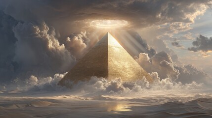 Massive golden pyramid emerges from the desert, topped by a bright ethereal light source breaking through dramatic clouds, symbolizing divine power, ancient alien contact, and supernatural energy