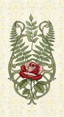 Vintage botanical illustration of a red rose and fern in an ornate frame
