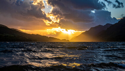Dramatic Golden Sunset Over Serene Lake Waters Surrounded by Verdant Mountain Silhouettes With Dark Blue Cloudy Sky