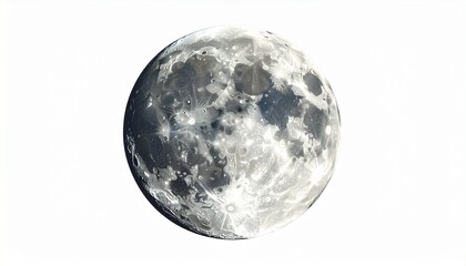 High-resolution full Moon image with visible craters maria and highlands isolated on white background for editorial astronomy planetary science and space exploration-themed visuals
