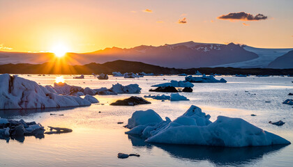 Dramatic Icebergs Floating on Calm Waters at Sunrise in Iceland with Silhouetted Mountains and Orange Sky