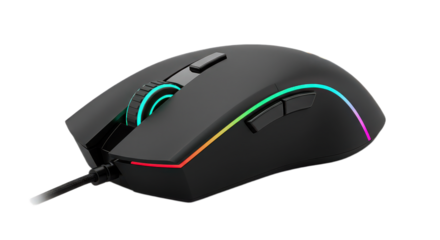 Sleek black gaming mouse with customizable rgb lighting isolated on transparent background, perfect for gamers