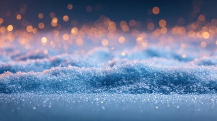 Soft snow blankets the ground, sparkling under warm bokeh lights as dusk settles, creating a serene winter scene.