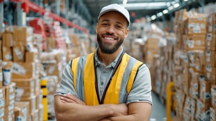 Warehouse worker's Warmth: A smiling warehouse worker stands confidently with crossed arms amidst stacks of boxes and logistics equipment. - Powered by Adobe
