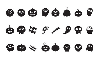 Mega Set of Black Halloween Silhouette Icons, Pumpkins, Skulls, Ghosts, and Candy