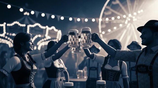 Oktoberfest Celebration - People Toasting Beer Mugs at Night Festival.